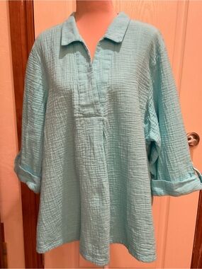 Catherines Light Aqua Gauze Button-Front Tunic V Neck Rolltab Sleeves 26/28W 3X